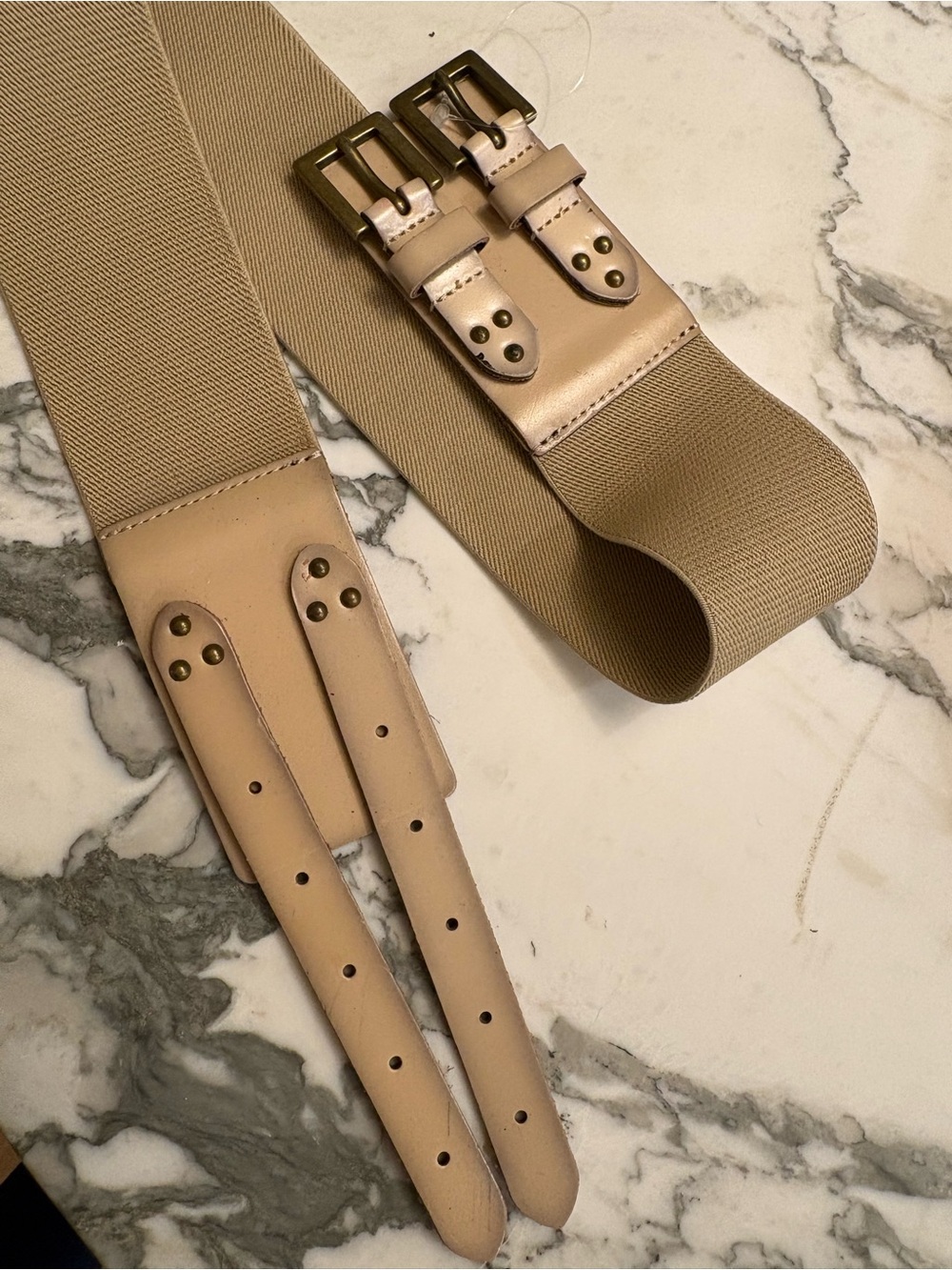 Talbots Beige Wide Elastic Double-Buckle Waist Belt